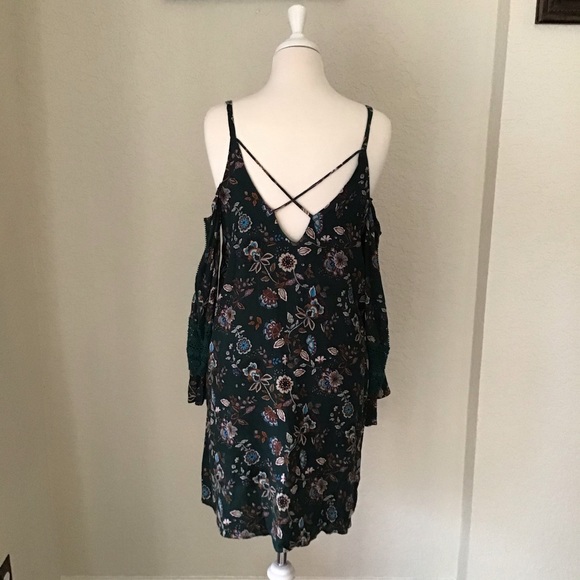 Forest Green Floral Cold Shoulder Mini Dress Size M - Picture 3 of 7